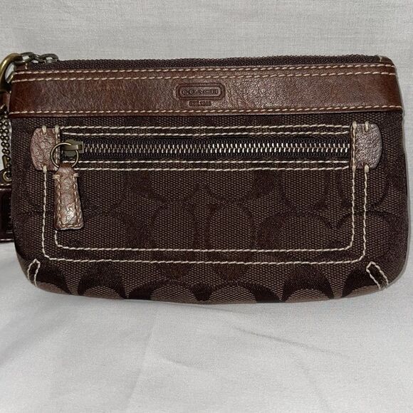 Coach Brown Signature Canvas Leather Trimmed Wristlet Small Purse - Picture 2 of 13